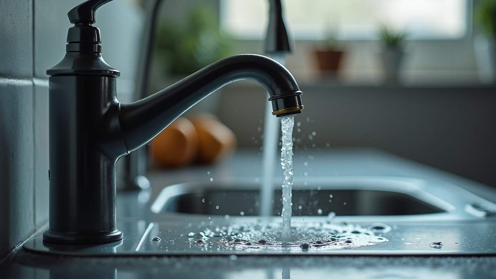 Close-up view of leaking kitchen faucet with water drops