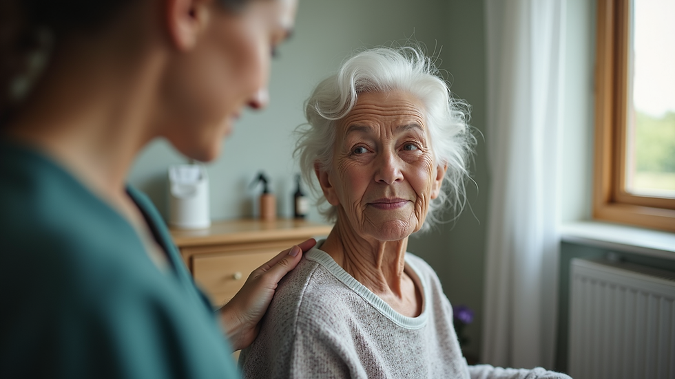 Eye-level view of a caregiver assisting an elderly person at home
