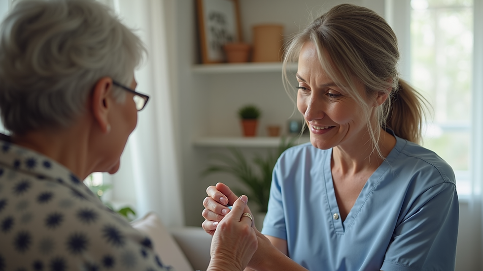 Eye-level view of a caregiver assisting a senior with medication at home
