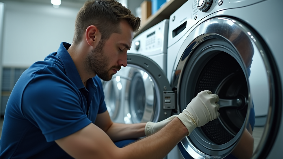 Eye-level view of a professional technician repairing an LG washing machine