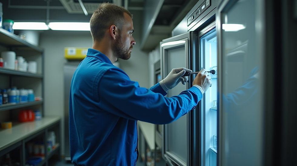 Eye-level view of a technician testing a refrigerator compressor in a South African kitchen