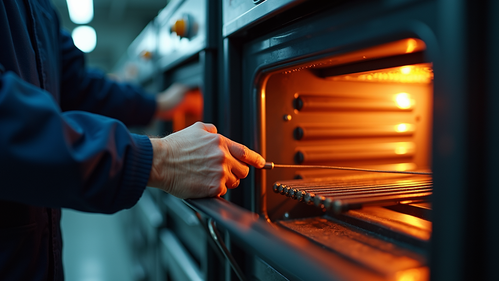 Eye-level view of a technician inspecting an oven’s heating element