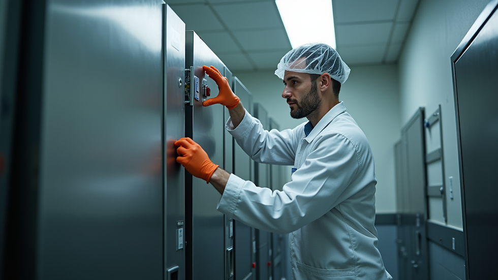 Eye-level view of a technician repairing a freezer in a kitchen