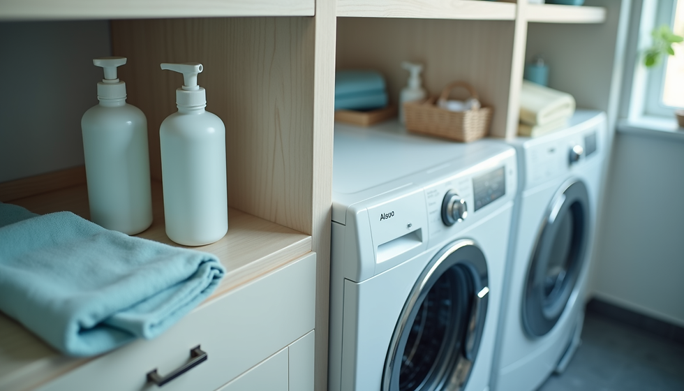 High angle view of washing machine maintenance products on laundry shelf