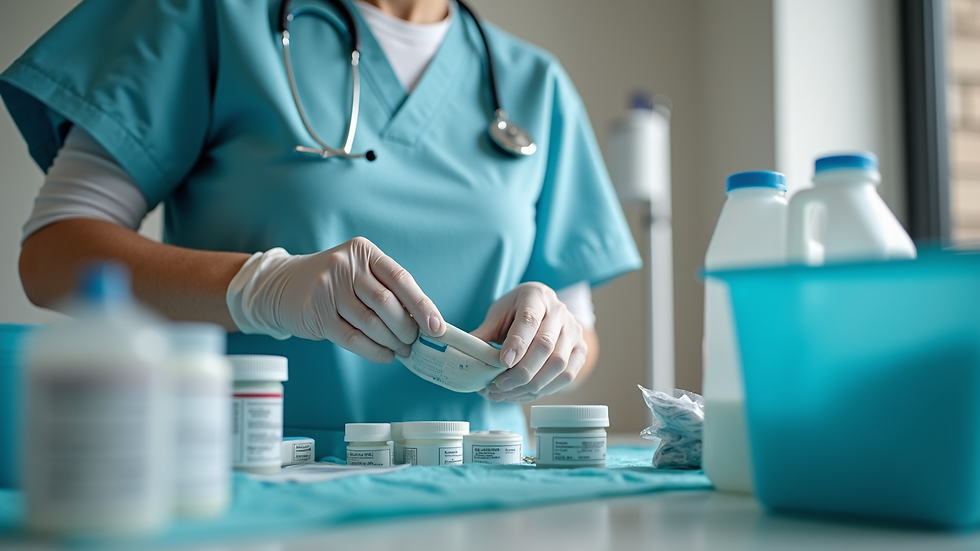 Close-up view of a nurse preparing medical supplies for home care