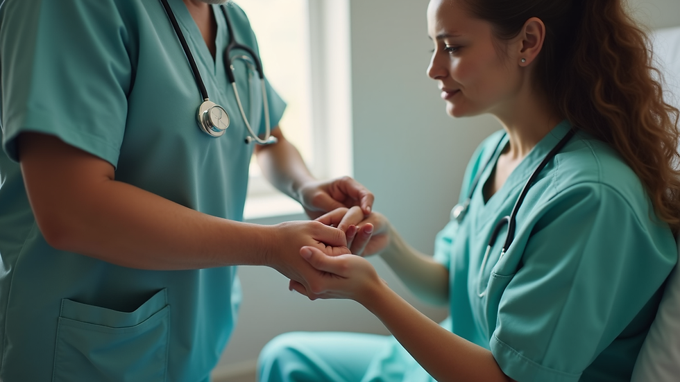 Eye-level view of a nurse checking a patient's wound at home in Durban