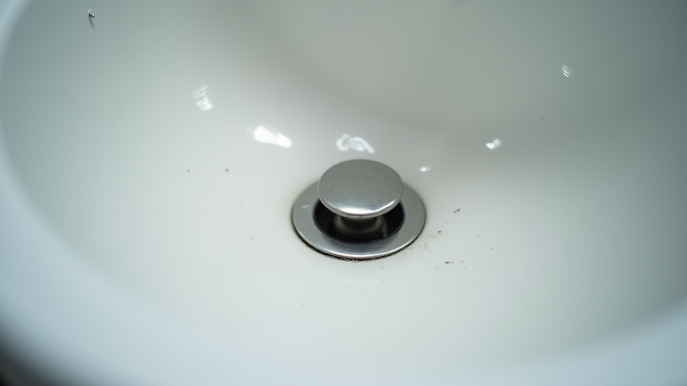 Eye-level view of a clean bathroom sink drain with a metal cover