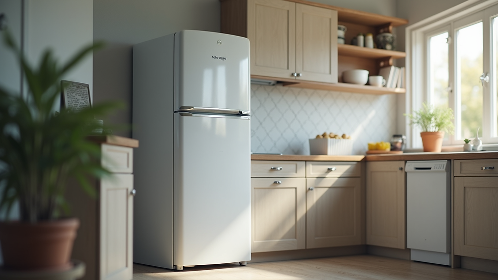 Eye-level view of a modern kitchen with a repaired fridge standing closed