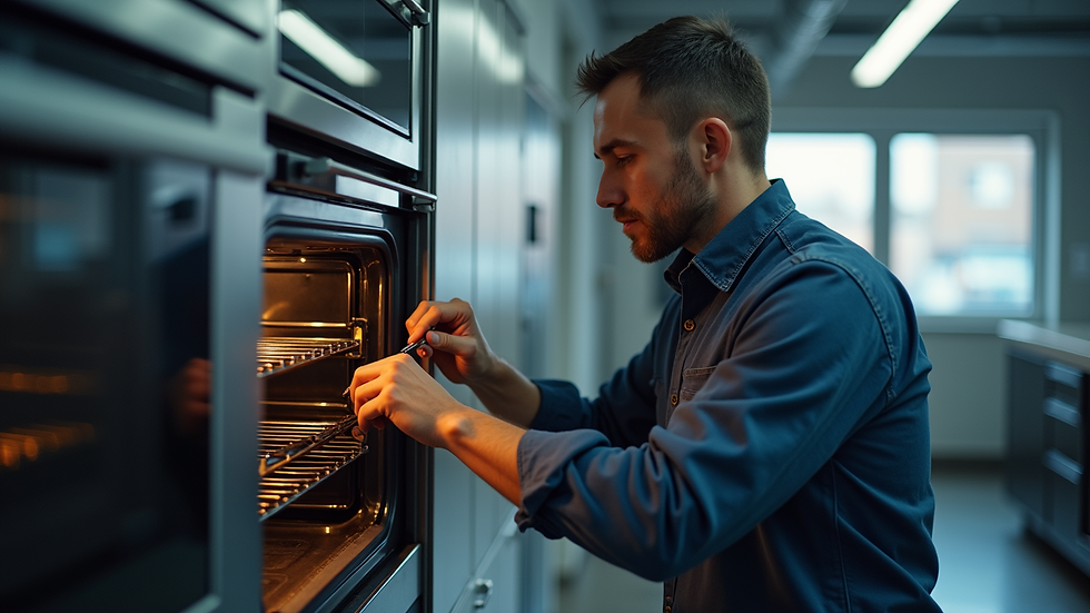 Eye-level view of a technician repairing an oven in a modern kitchen