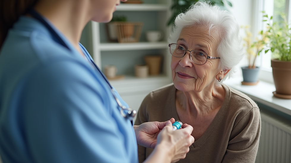 Eye-level view of a nurse assisting an elderly woman with medication at home