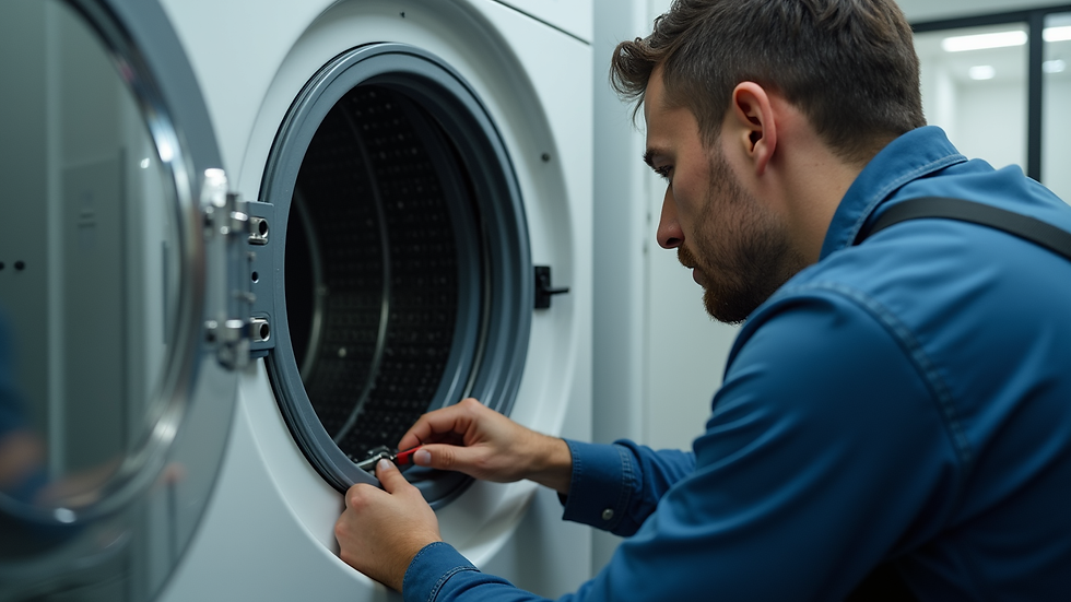 Close-up view of a technician repairing a washing machine