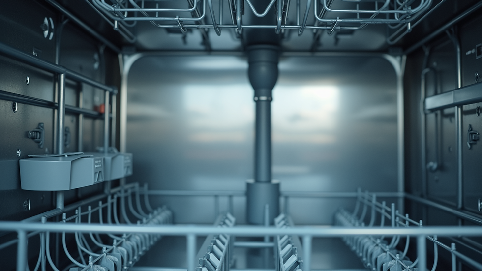 Eye-level view of dishwasher interior with clean spray arms and filter
