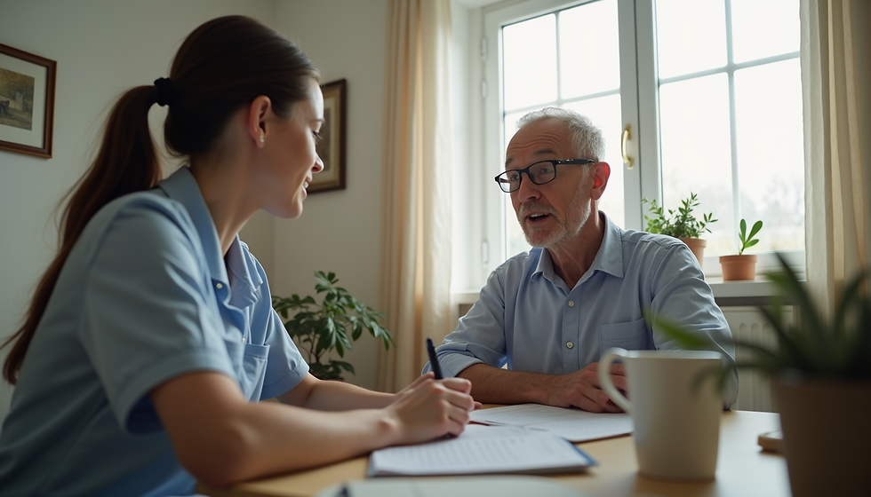 Eye-level view of a speech therapist working with a patient at home