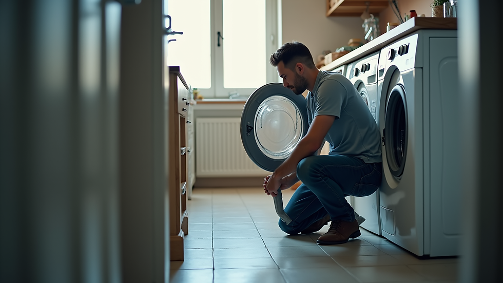 Eye-level view of a technician repairing a washing machine in a home laundry room