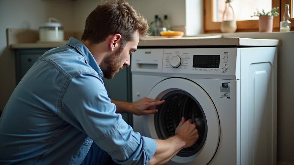 Eye-level view of a technician repairing a washing machine in a Cape Town home