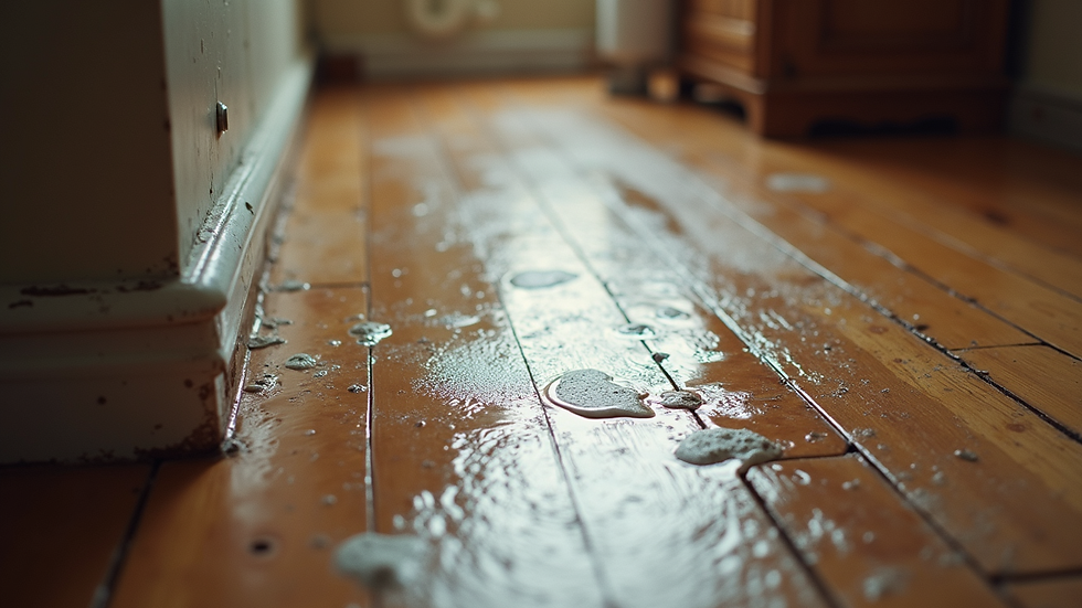High angle view of water damage on a wooden floor caused by a burst pipe