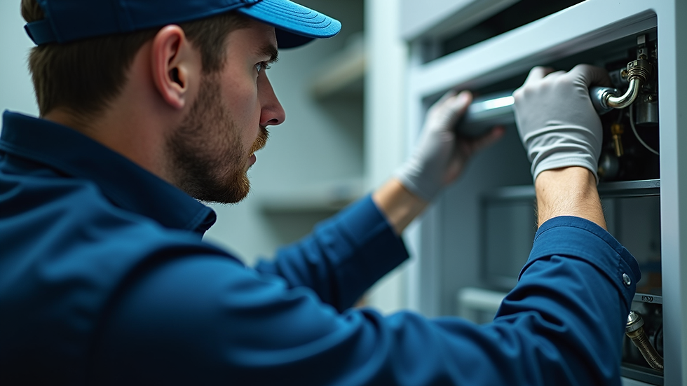 Close-up view of a technician repairing a Beko refrigerator compressor