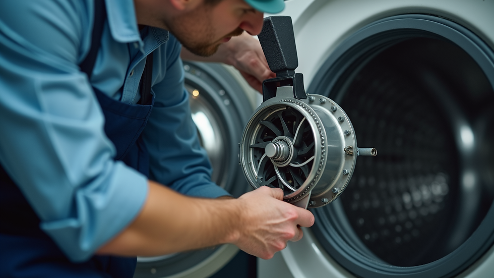 Close-up view of a technician repairing a washing machine motor