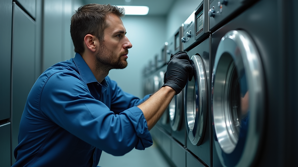 Eye-level view of a technician inspecting a dishwasher pump