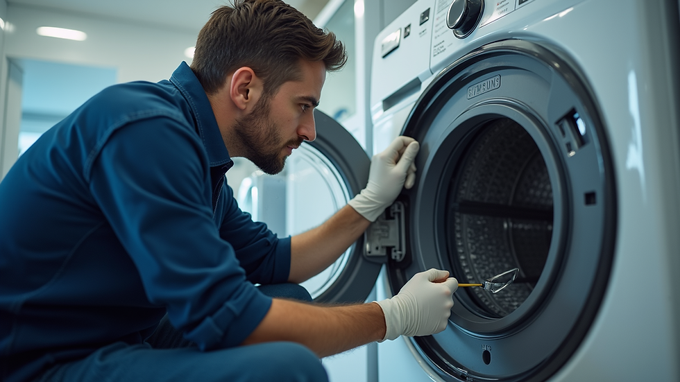 Eye-level view of a Samsung technician repairing a washing machine