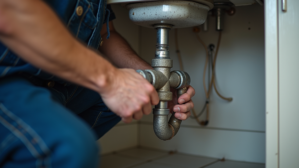 Eye-level view of a plumber fixing a burst pipe under a kitchen sink