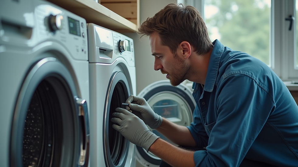 Eye-level view of a technician repairing a washing machine inside a home laundry room