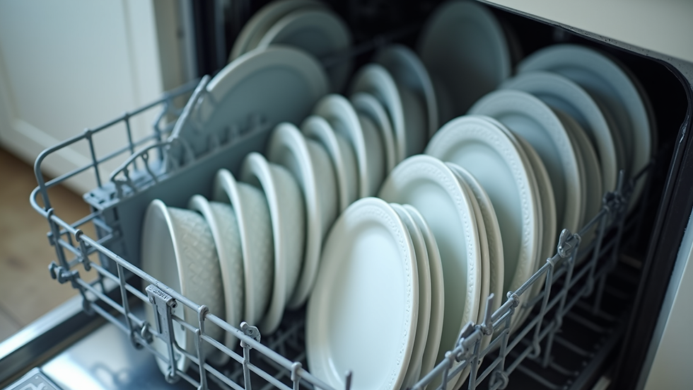 High angle view of a dishwasher with open door showing clean dishes inside