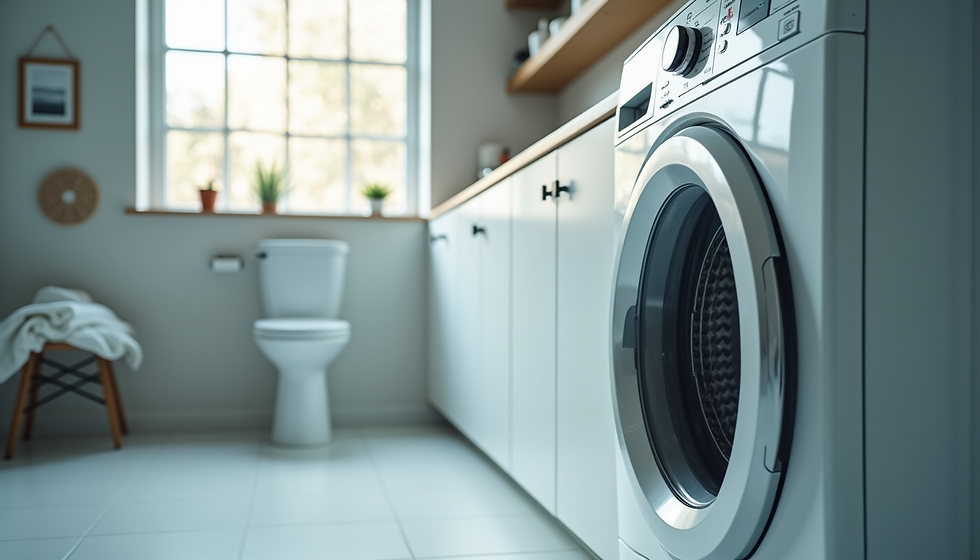 Eye-level view of a technician repairing a washing machine in a home laundry room