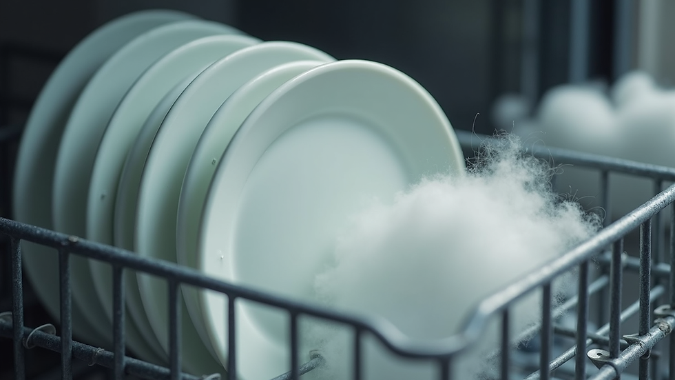 Close-up view of dishwasher rack with cloudy residue on plates