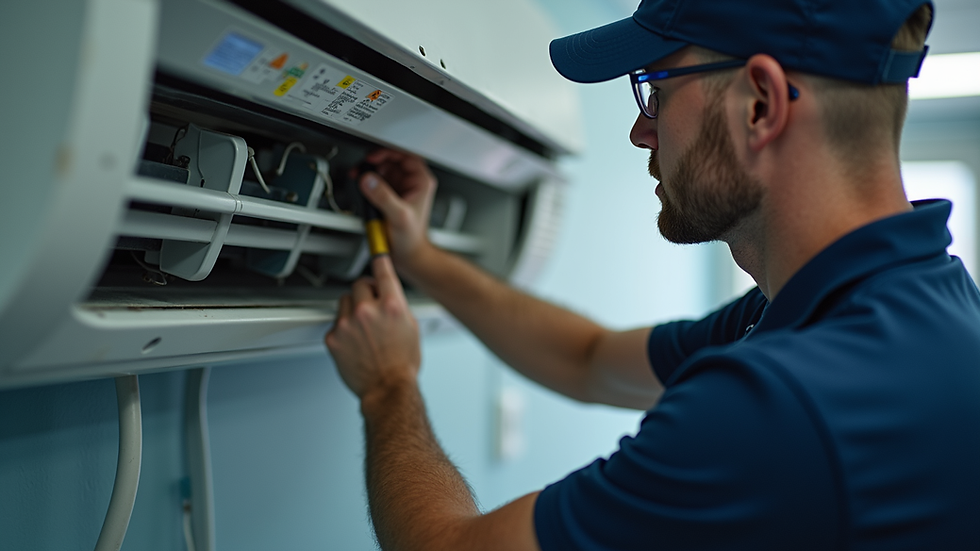 Close-up view of a technician repairing an air conditioner unit