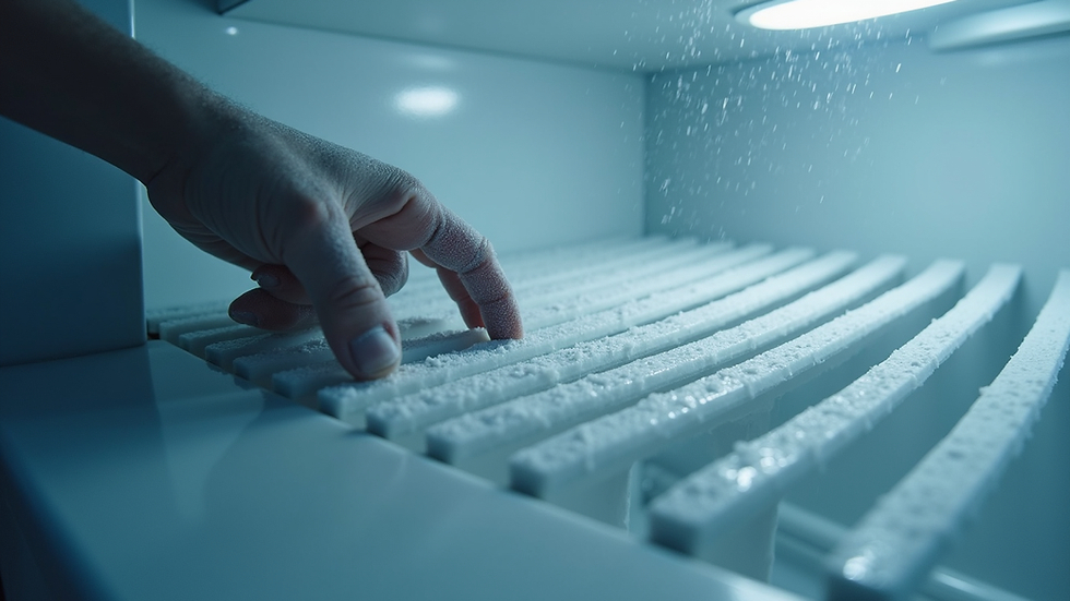 Close-up view of fridge freezer condenser coils being cleaned