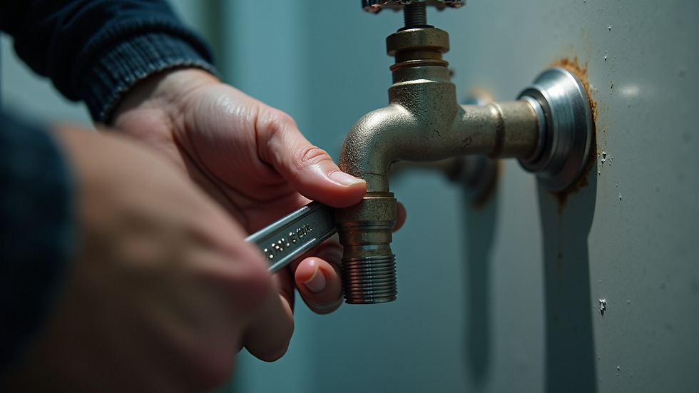 Eye-level view of a person using a wrench to tighten a faucet valve stem
