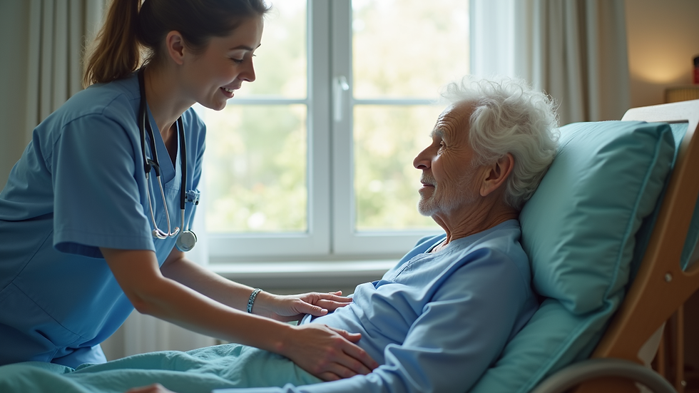 Eye-level view of a nurse assisting an elderly patient at home