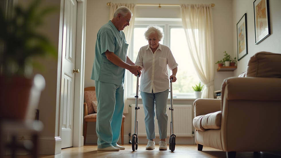 Eye-level view of a caregiver assisting an elderly person with walking in a home setting