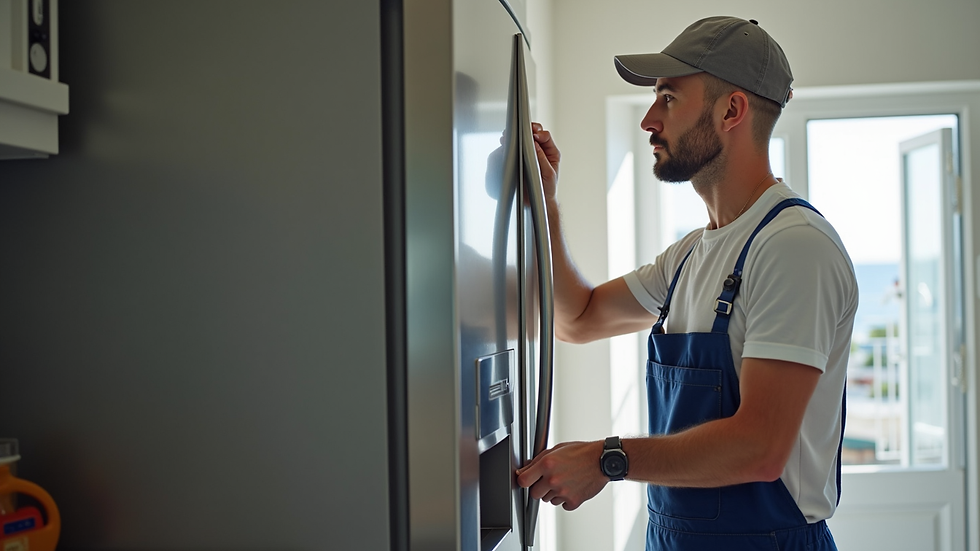 Eye-level view of a technician repairing a fridge in a coastal home kitchen