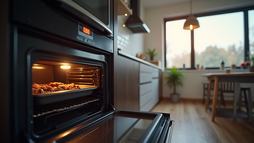 Eye-level view of a KIC oven with its door open in a modern kitchen