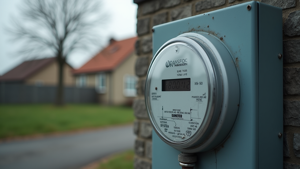 Eye-level view of a residential electrical meter and power supply box