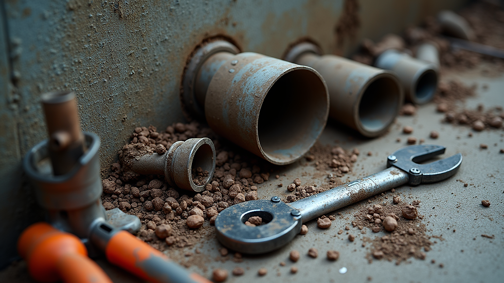 High angle view of plumbing tools and equipment ready for sewer line repair