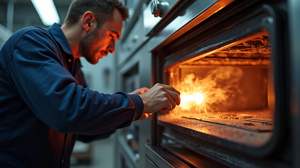 Eye-level view of a technician repairing an oven igniter