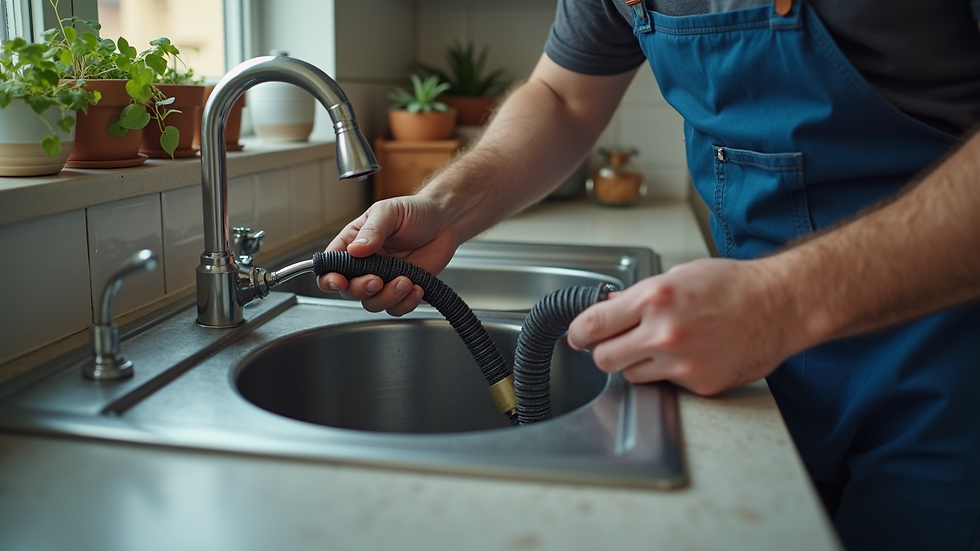 High angle view of a plumber using a drain snake to clear a blocked kitchen sink
