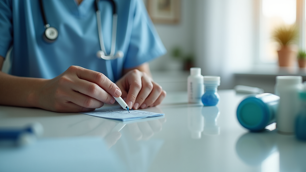 Close-up view of a home care nurse preparing medical supplies on a table