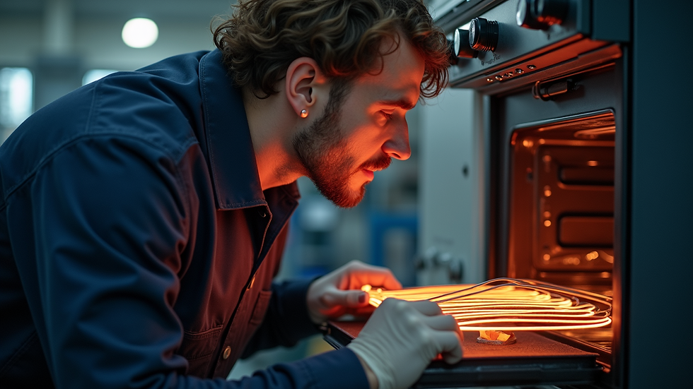 Eye-level view of professional technician inspecting oven heating element