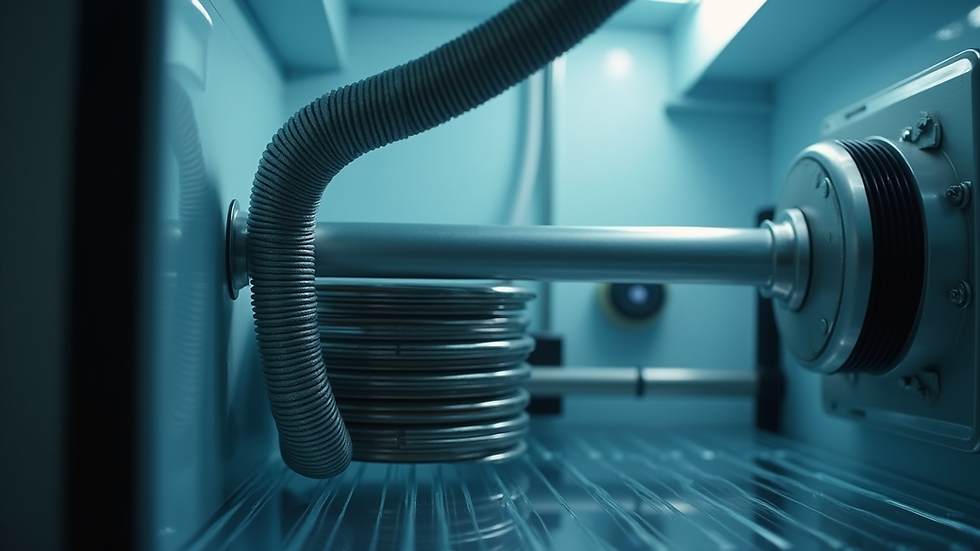 Close-up view of a fridge compressor and condenser coils