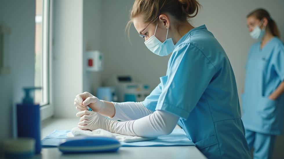 Eye-level view of a nurse preparing medical supplies in a home setting