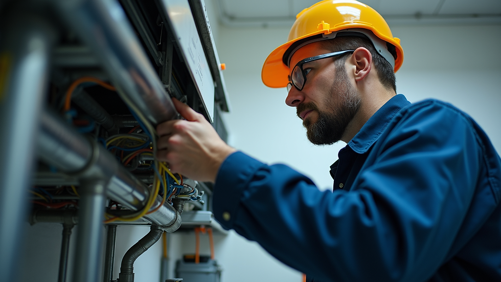Eye-level view of technician inspecting AC unit pipes