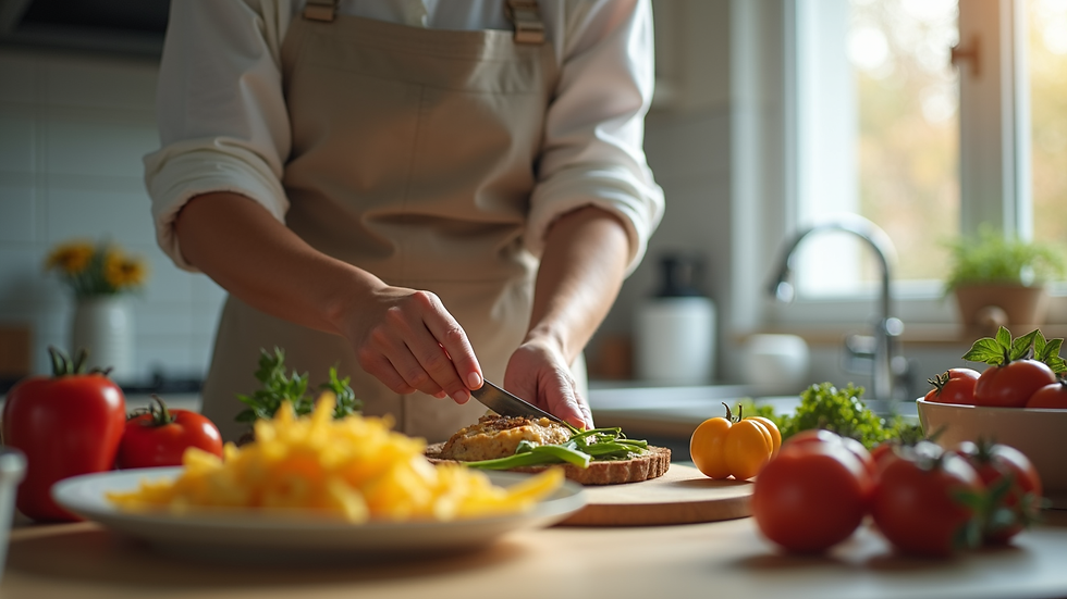 Close-up view of a caregiver preparing a meal in a home kitchen