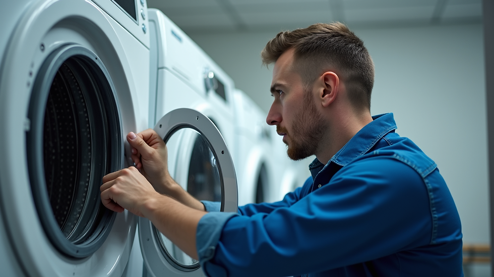 Eye-level view of a washing machine technician inspecting a front-loading washing machine