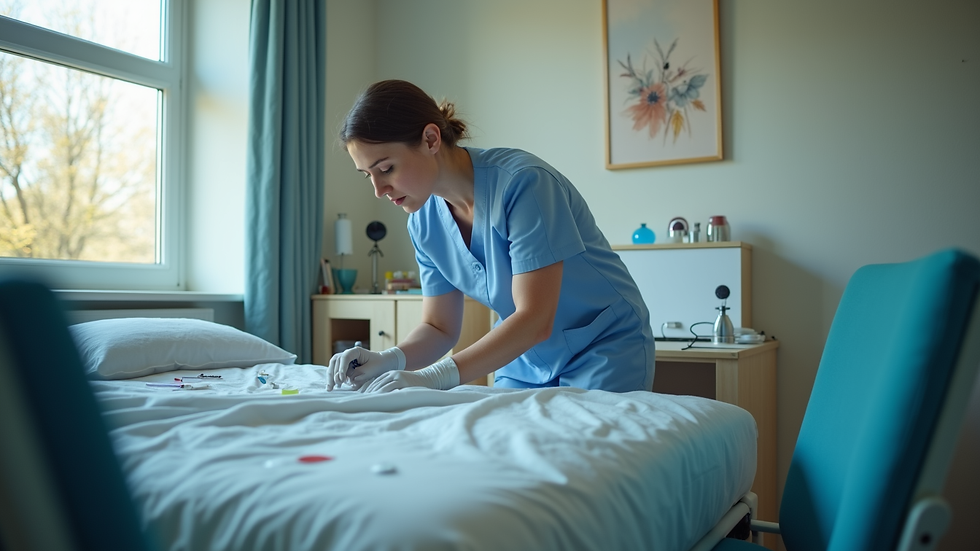 High angle view of a nurse organising medical equipment in a home care setting
