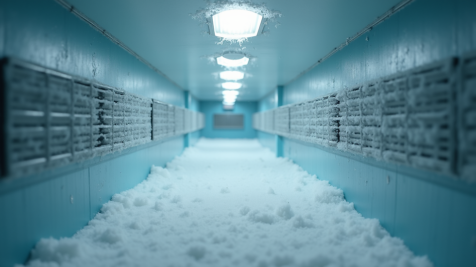 Eye-level view of freezer interior with vents and frost buildup