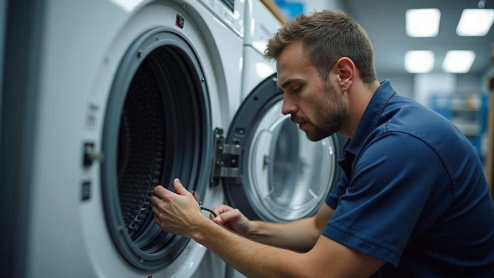 Eye-level view of a RePair Team technician inspecting a washing machine